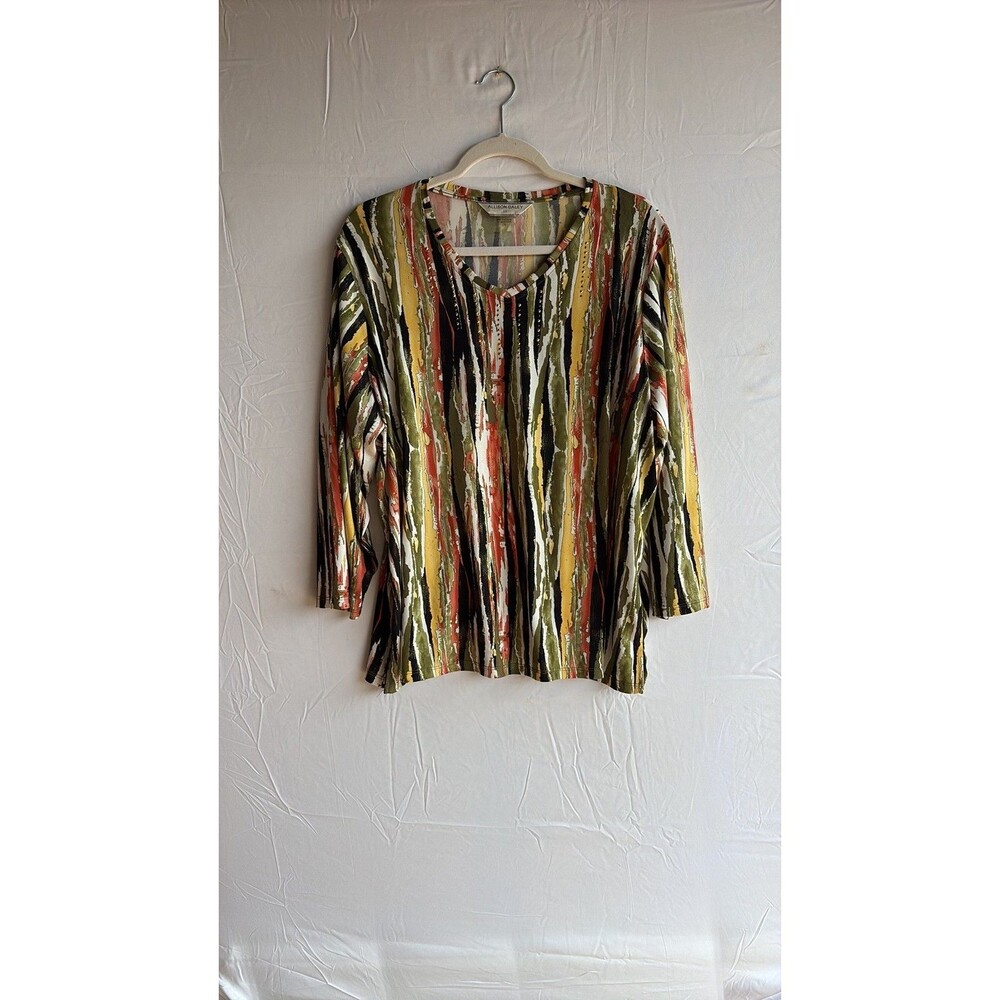 Allison Daley Women's 1X Abstract Stripe Print V-Neck Top with Studded Accents
